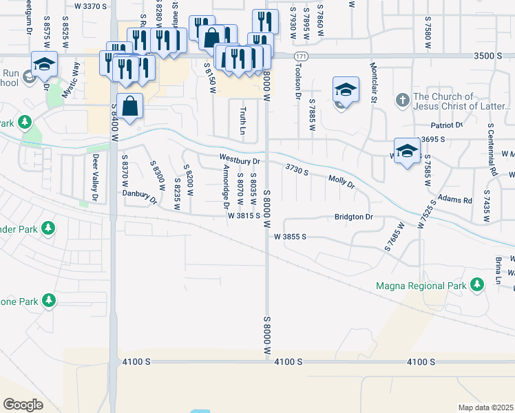map of restaurants, bars, coffee shops, grocery stores, and more near 3807 South 8035 West in Magna