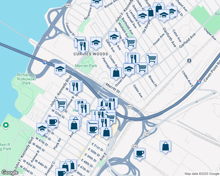 map of restaurants, bars, coffee shops, grocery stores, and more near 119 Merritt Street in Jersey City