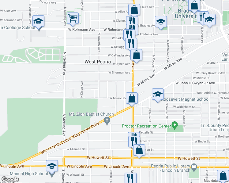 map of restaurants, bars, coffee shops, grocery stores, and more near 117 North Cedar Avenue in West Peoria