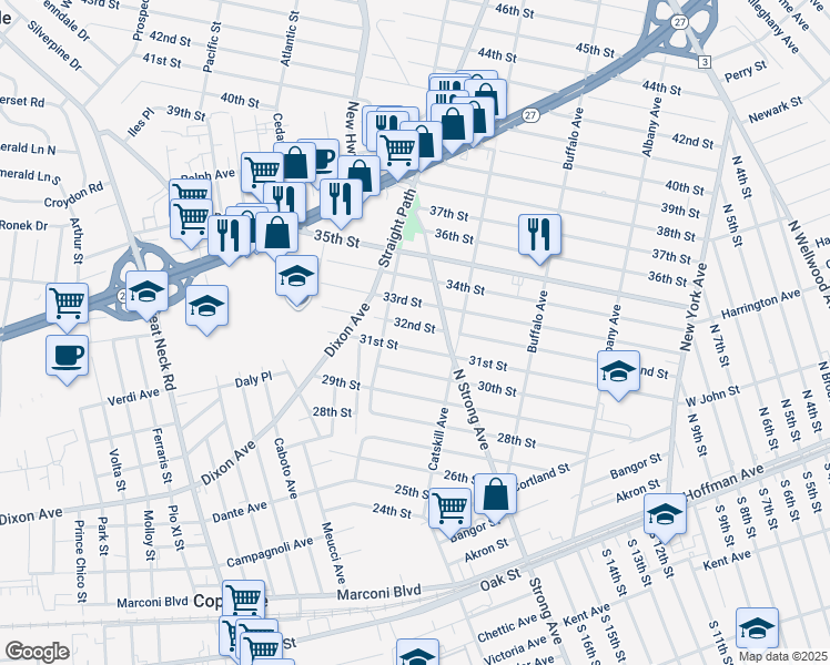 map of restaurants, bars, coffee shops, grocery stores, and more near 59 31st Street in Copiague