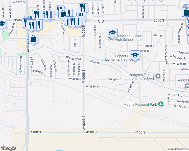 map of restaurants, bars, coffee shops, grocery stores, and more near 7906 Bridgton Drive in Magna