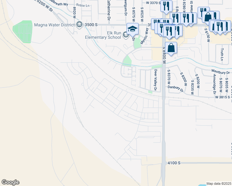 map of restaurants, bars, coffee shops, grocery stores, and more near 3797 Bald Knoll Drive in Magna