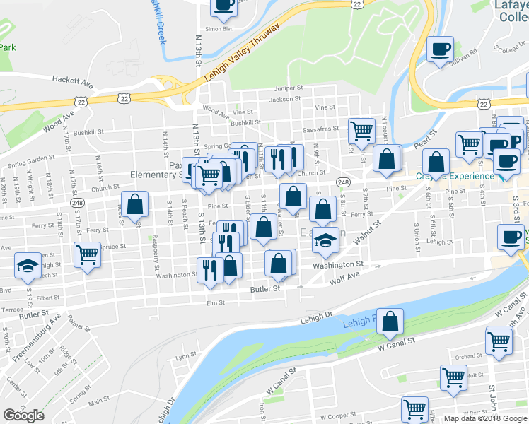 map of restaurants, bars, coffee shops, grocery stores, and more near 44 South 11th Street in Easton