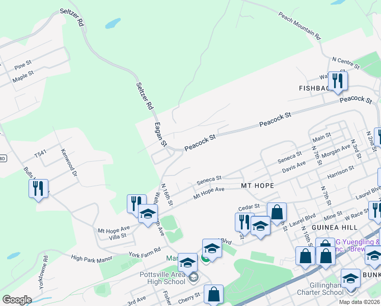 map of restaurants, bars, coffee shops, grocery stores, and more near 587 Peacock Street in Pottsville