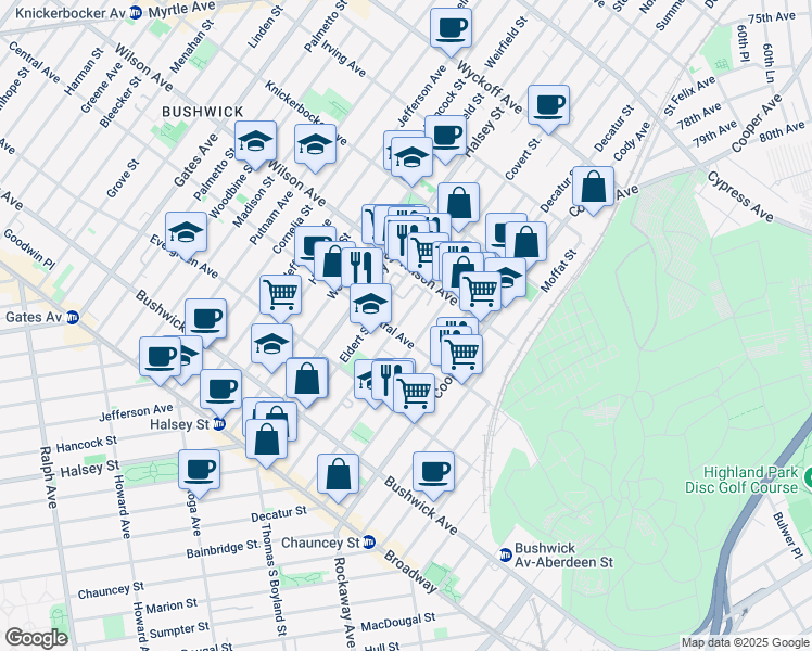 map of restaurants, bars, coffee shops, grocery stores, and more near 162 Covert Street in Brooklyn