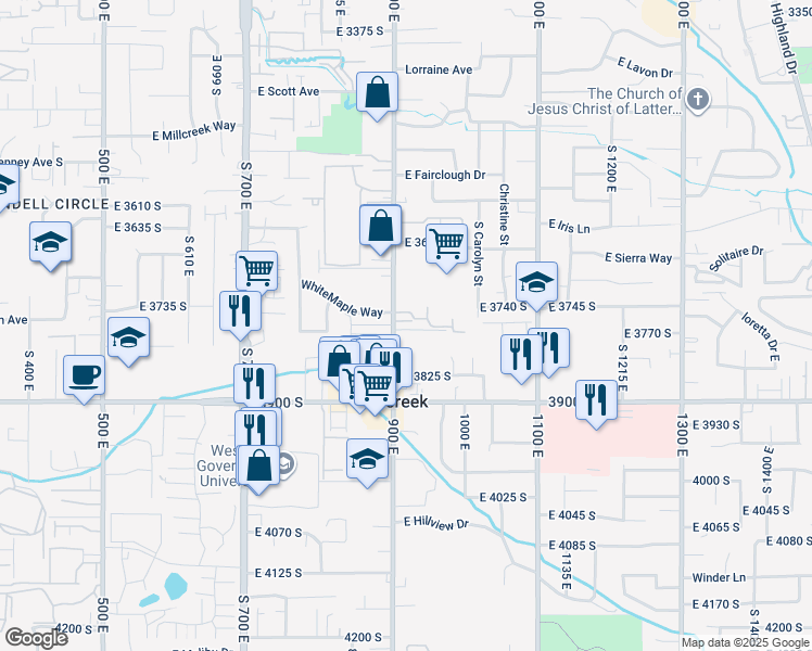 map of restaurants, bars, coffee shops, grocery stores, and more near 917 Grape Ivy Way in Millcreek