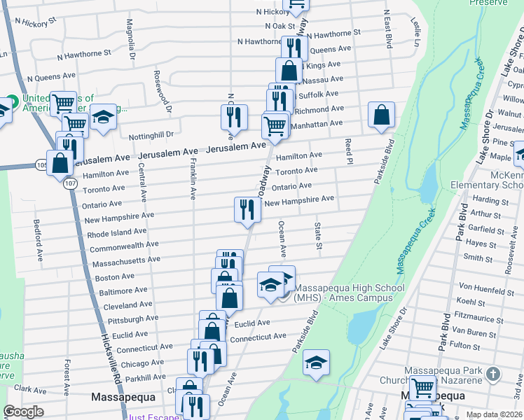 map of restaurants, bars, coffee shops, grocery stores, and more near 670 Broadway in Massapequa