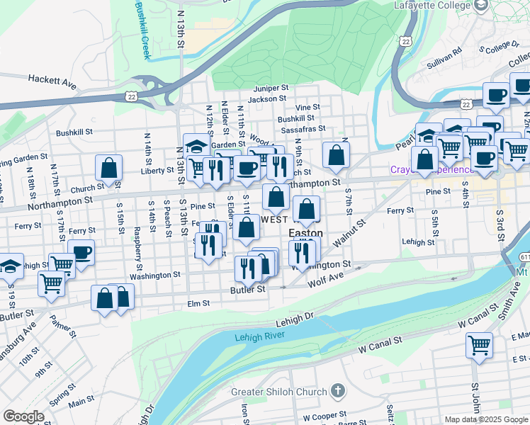 map of restaurants, bars, coffee shops, grocery stores, and more near 52 South Warren Street in Easton