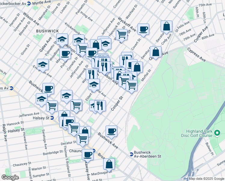map of restaurants, bars, coffee shops, grocery stores, and more near 180 Schaefer Street in Brooklyn