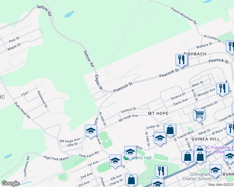 map of restaurants, bars, coffee shops, grocery stores, and more near 587 Peacock Street in Pottsville