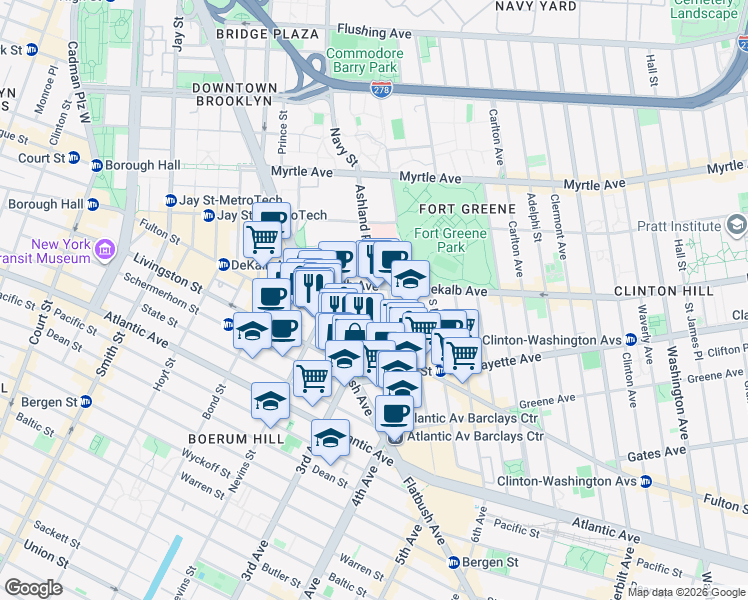 map of restaurants, bars, coffee shops, grocery stores, and more near Ashland Place in Brooklyn