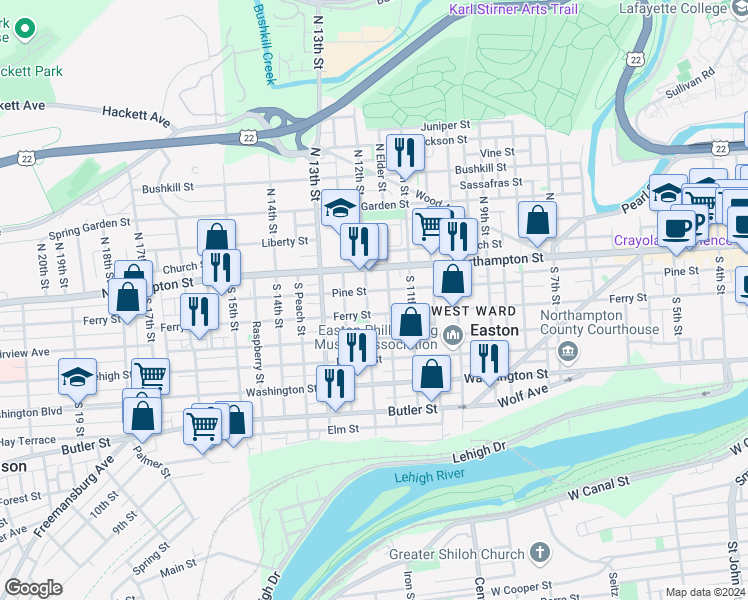 map of restaurants, bars, coffee shops, grocery stores, and more near 40 South 12th Street in Easton