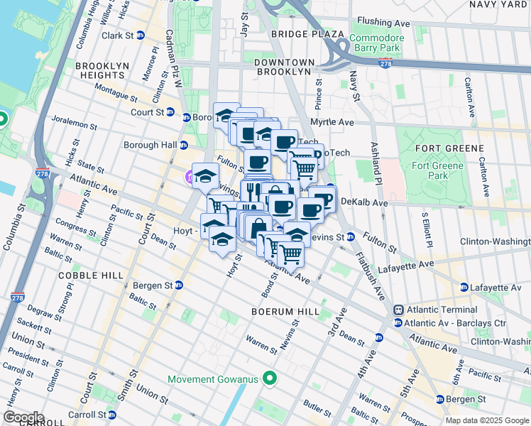 map of restaurants, bars, coffee shops, grocery stores, and more near 210 Livingston Street in Brooklyn