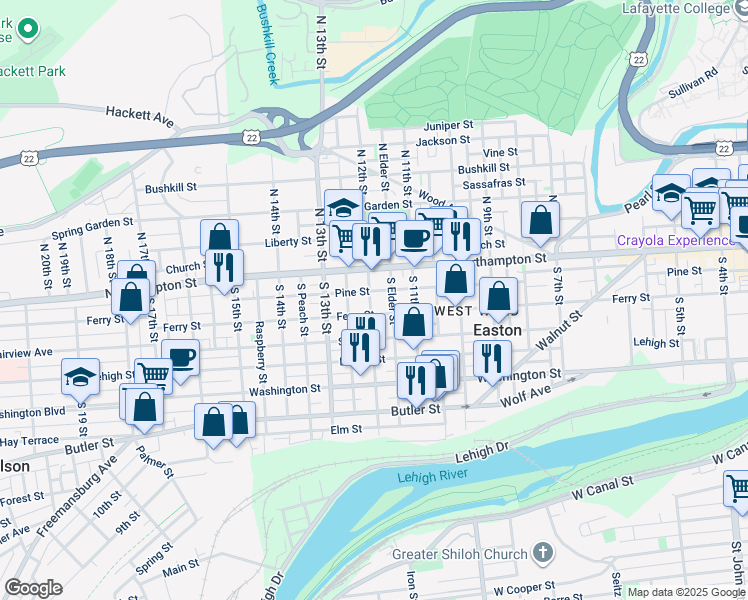 map of restaurants, bars, coffee shops, grocery stores, and more near 40 South 12th Street in Easton