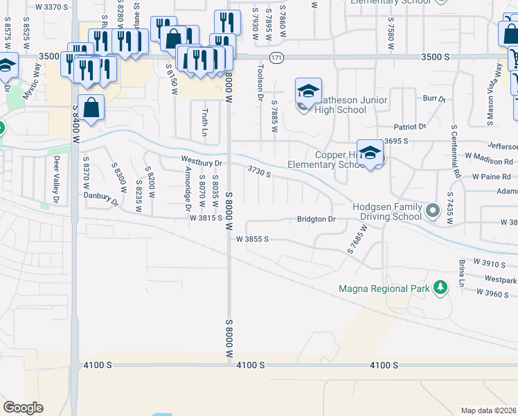 map of restaurants, bars, coffee shops, grocery stores, and more near 7906 Bridgton Drive in Magna