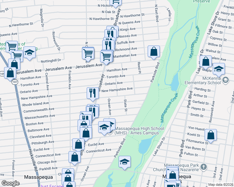 map of restaurants, bars, coffee shops, grocery stores, and more near 196 Rhode Island Avenue in Massapequa