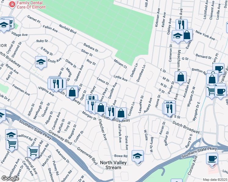 map of restaurants, bars, coffee shops, grocery stores, and more near 26 Demille Avenue in Elmont