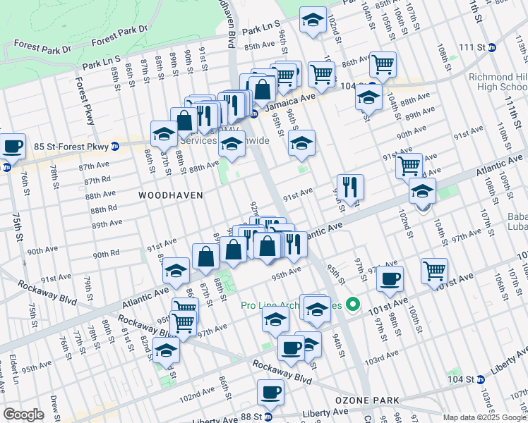 map of restaurants, bars, coffee shops, grocery stores, and more near 91-17 92nd Street in Queens