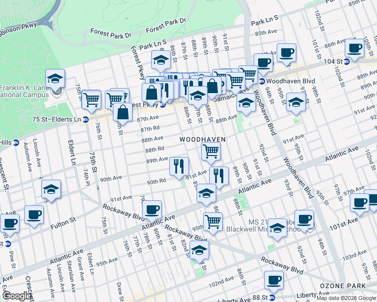 map of restaurants, bars, coffee shops, grocery stores, and more near 84-04 89th Avenue in Queens
