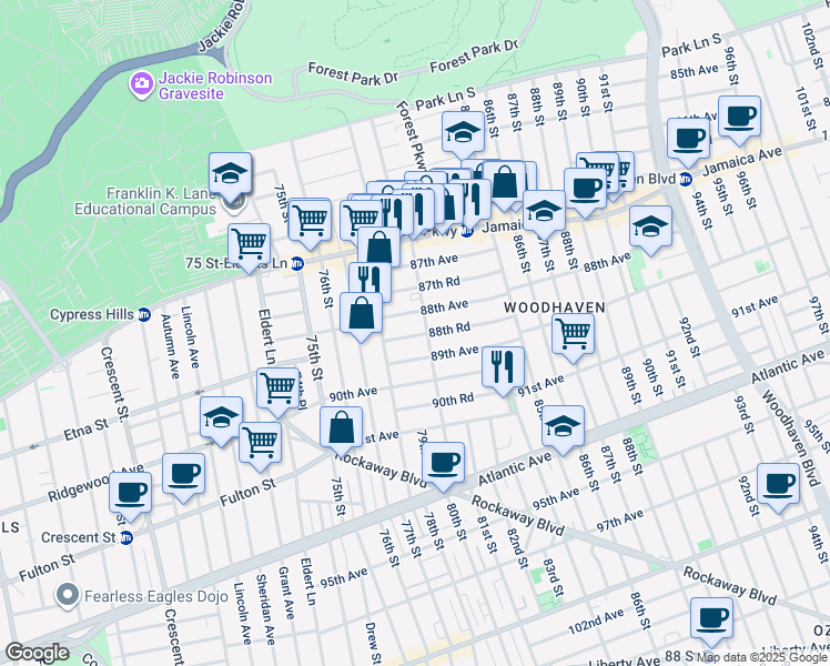 map of restaurants, bars, coffee shops, grocery stores, and more near 88-38 80th Street in Queens