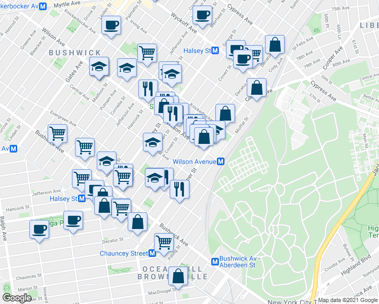 map of restaurants, bars, coffee shops, grocery stores, and more near 168 Schaefer Street in Brooklyn