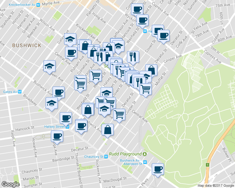 map of restaurants, bars, coffee shops, grocery stores, and more near 600 Central Avenue in Brooklyn