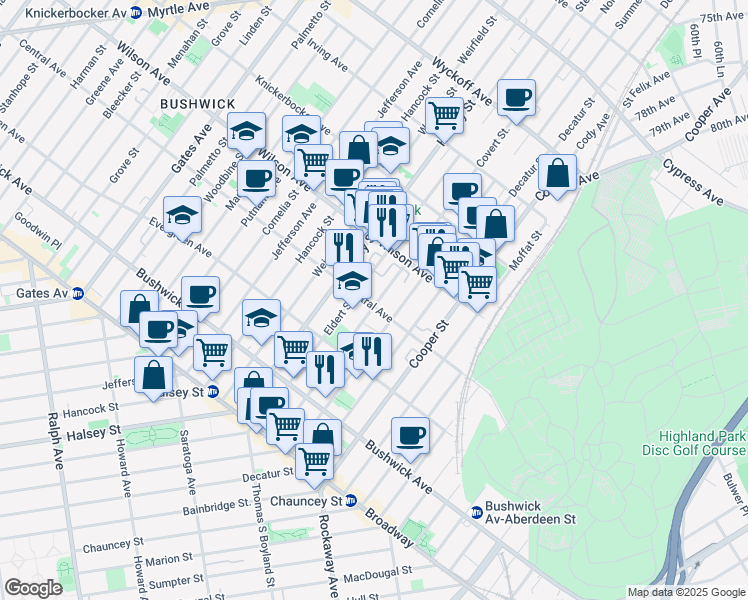 map of restaurants, bars, coffee shops, grocery stores, and more near 600 Central Avenue in Brooklyn