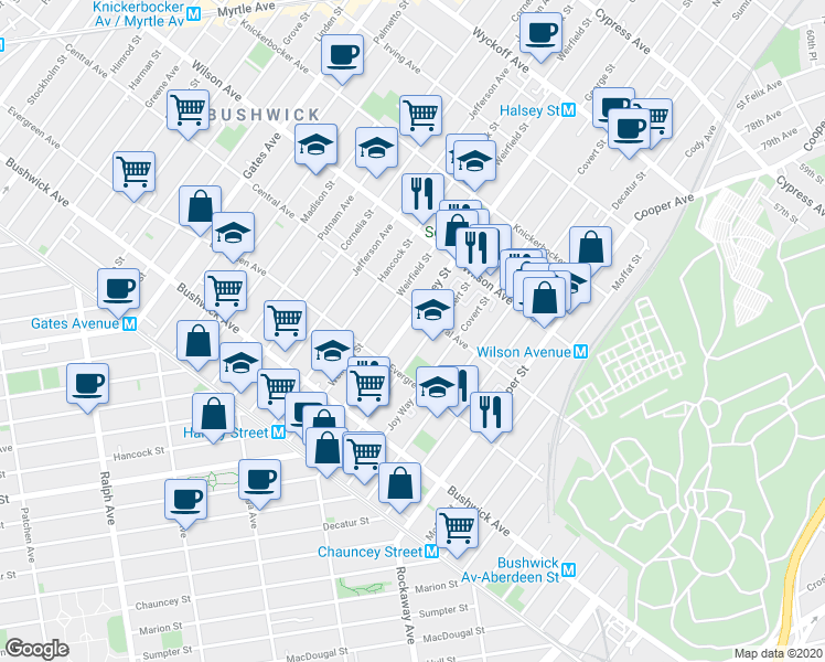 map of restaurants, bars, coffee shops, grocery stores, and more near 155 Eldert Street in Brooklyn