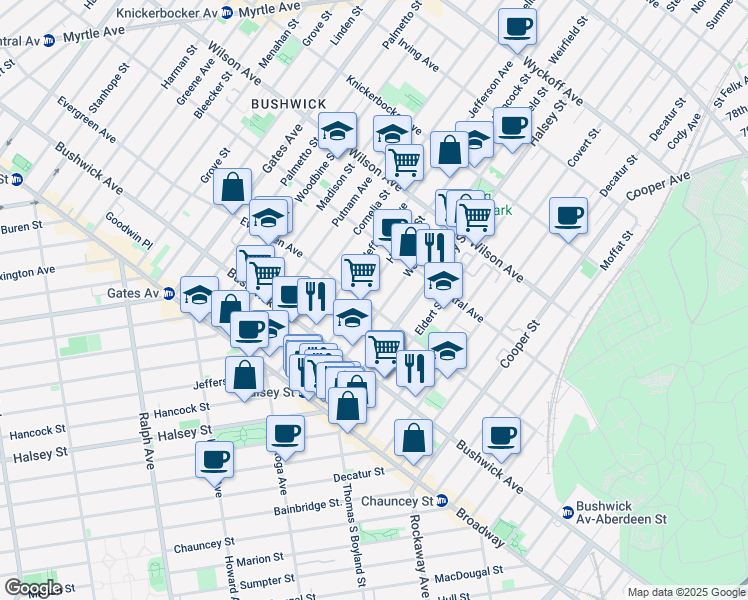 map of restaurants, bars, coffee shops, grocery stores, and more near 1088 Hancock Street in Brooklyn