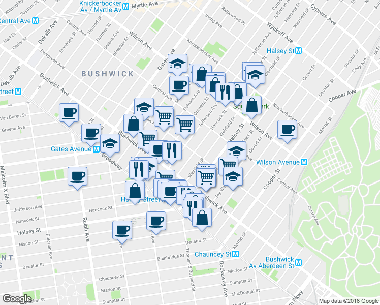 map of restaurants, bars, coffee shops, grocery stores, and more near 1086 Hancock Street in Brooklyn