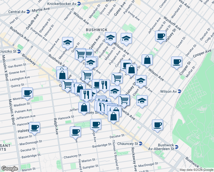 map of restaurants, bars, coffee shops, grocery stores, and more near in Brooklyn