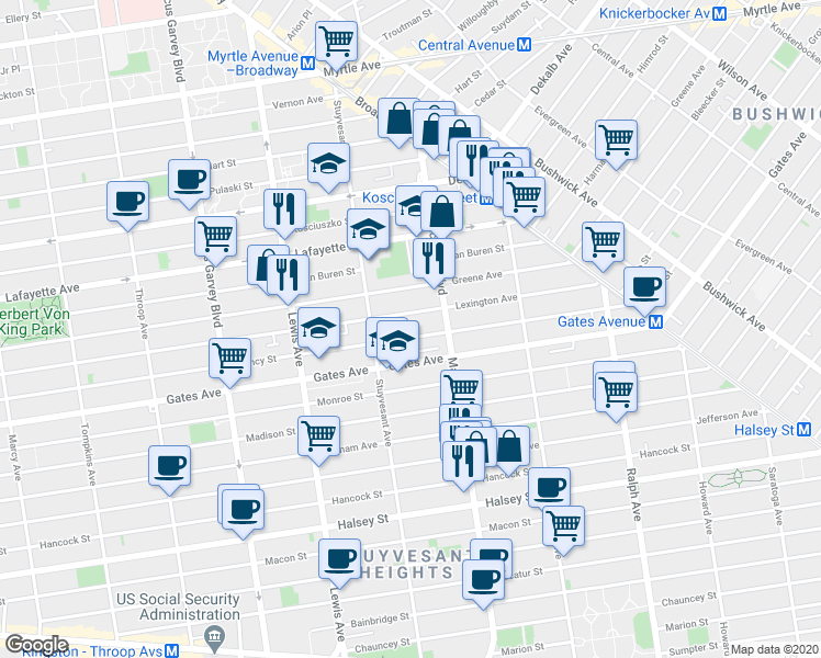 map of restaurants, bars, coffee shops, grocery stores, and more near 710 Quincy Street in Brooklyn