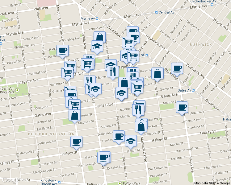 map of restaurants, bars, coffee shops, grocery stores, and more near 639 Quincy Street in Brooklyn