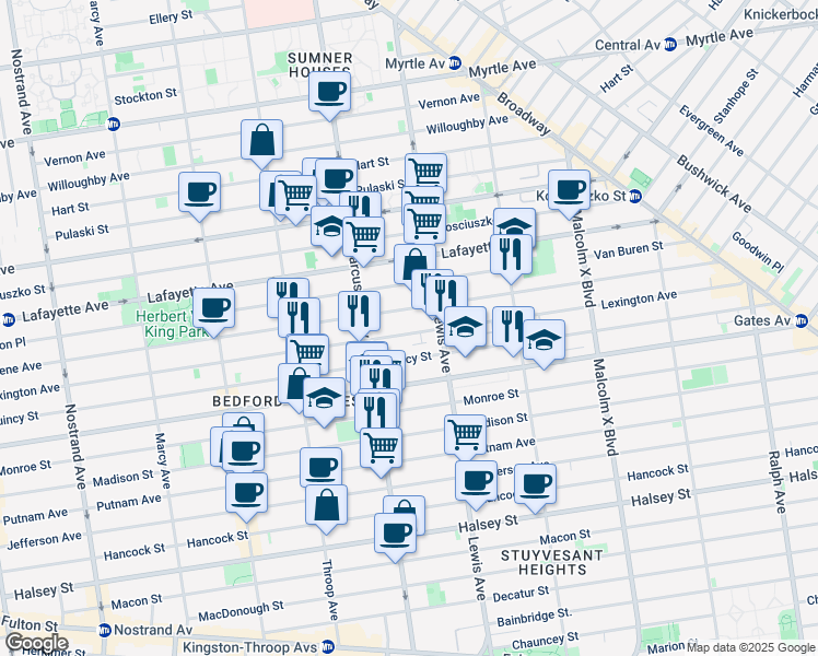 map of restaurants, bars, coffee shops, grocery stores, and more near 554A Lexington Avenue in Brooklyn
