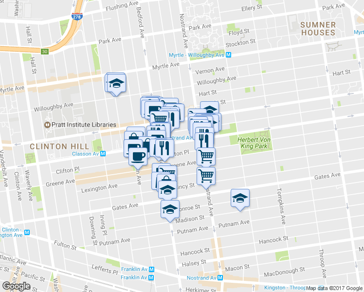 map of restaurants, bars, coffee shops, grocery stores, and more near 265 Clifton Place in Brooklyn