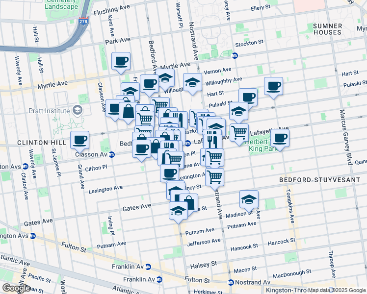 map of restaurants, bars, coffee shops, grocery stores, and more near 265 Clifton Place in Brooklyn