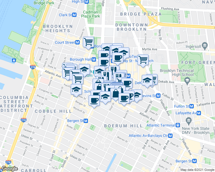 map of restaurants, bars, coffee shops, grocery stores, and more near 285 State Street in Brooklyn