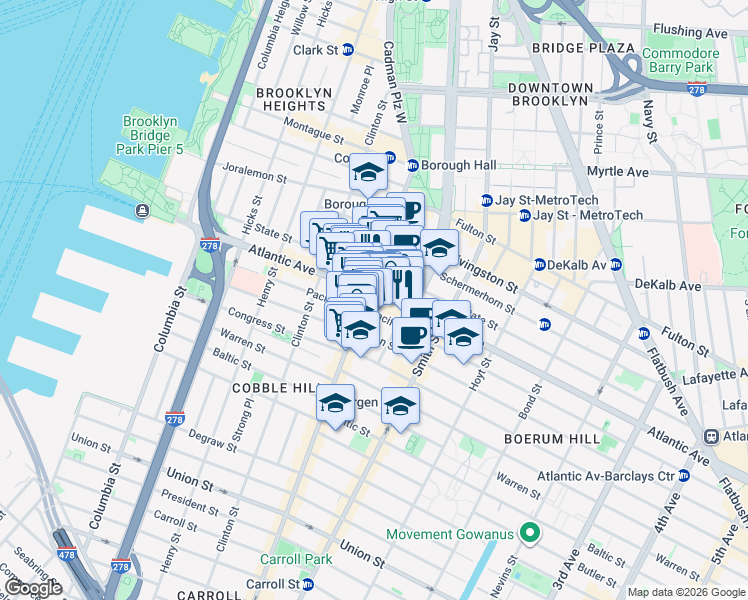 map of restaurants, bars, coffee shops, grocery stores, and more near 163 Court Street in Brooklyn