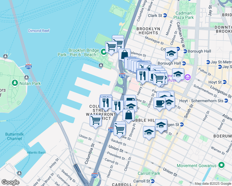 map of restaurants, bars, coffee shops, grocery stores, and more near 94 Congress Street in Brooklyn