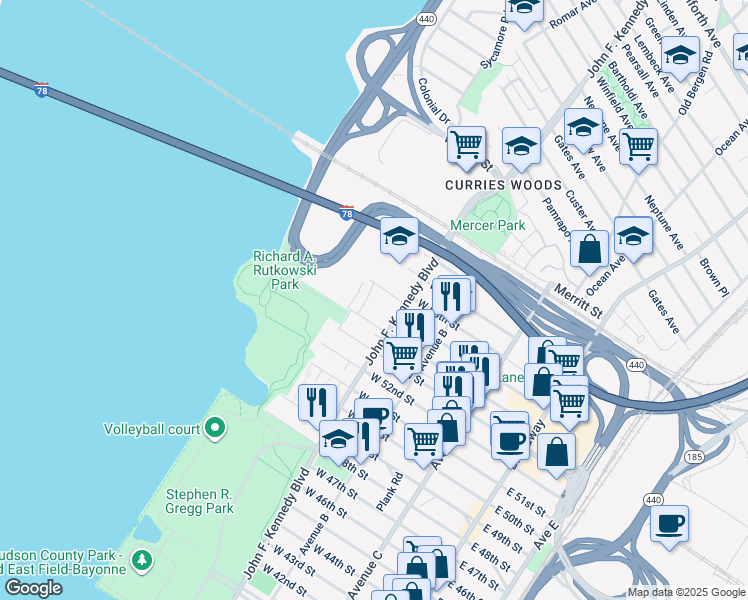 map of restaurants, bars, coffee shops, grocery stores, and more near 8 Sunset Avenue in Bayonne