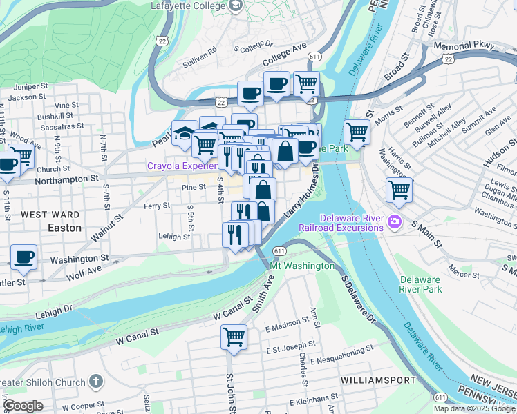map of restaurants, bars, coffee shops, grocery stores, and more near 126 South 3rd Street in Easton