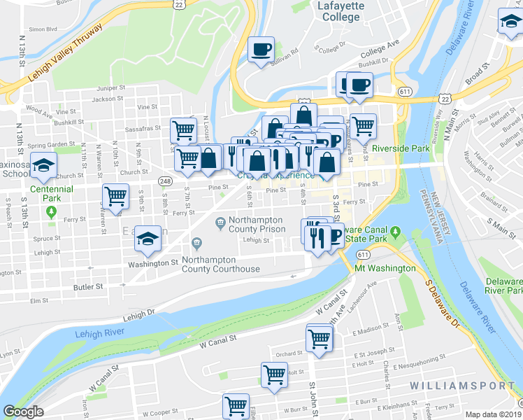 map of restaurants, bars, coffee shops, grocery stores, and more near 121 South 5th Street in Easton