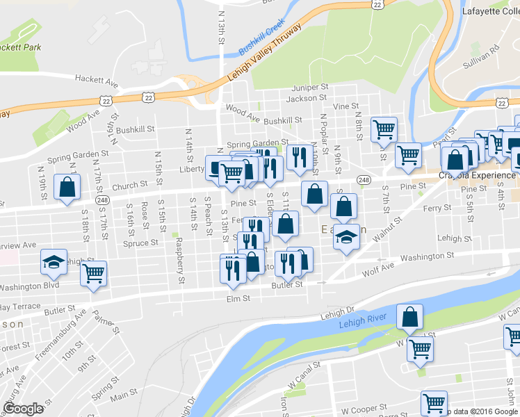 map of restaurants, bars, coffee shops, grocery stores, and more near 1203 Ferry Street in Easton