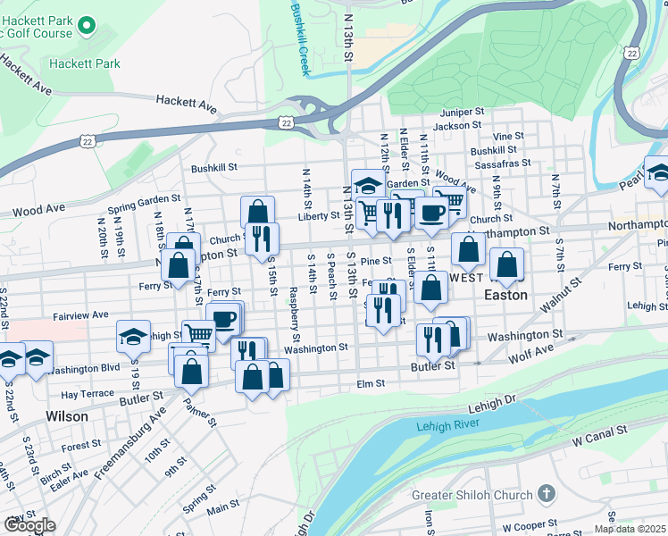 map of restaurants, bars, coffee shops, grocery stores, and more near 1343 Ferry Street in Easton