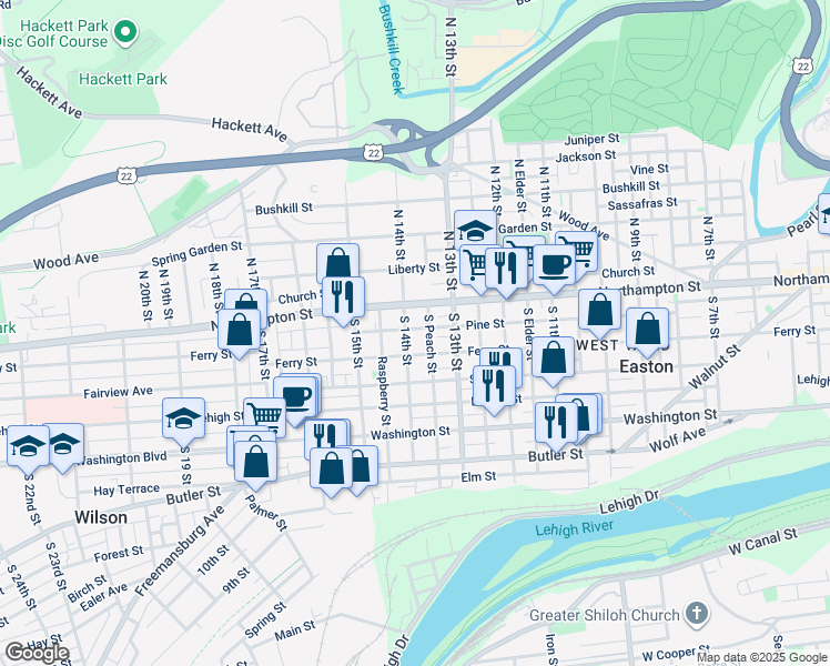 map of restaurants, bars, coffee shops, grocery stores, and more near 1343 Ferry Street in Easton