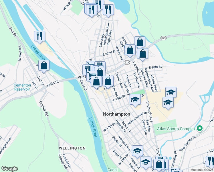 map of restaurants, bars, coffee shops, grocery stores, and more near 18 East 19th Street in Northampton