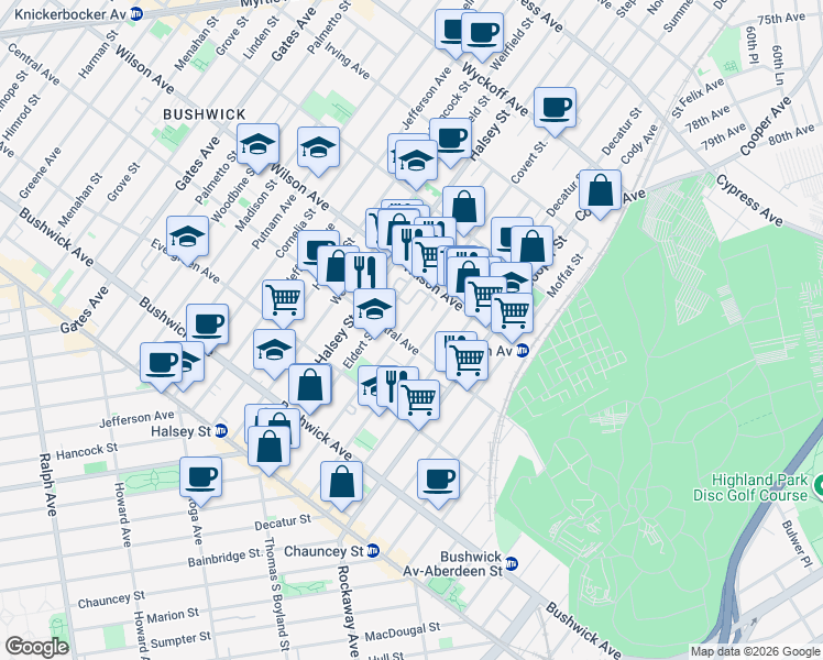 map of restaurants, bars, coffee shops, grocery stores, and more near 164 Covert Street in Brooklyn