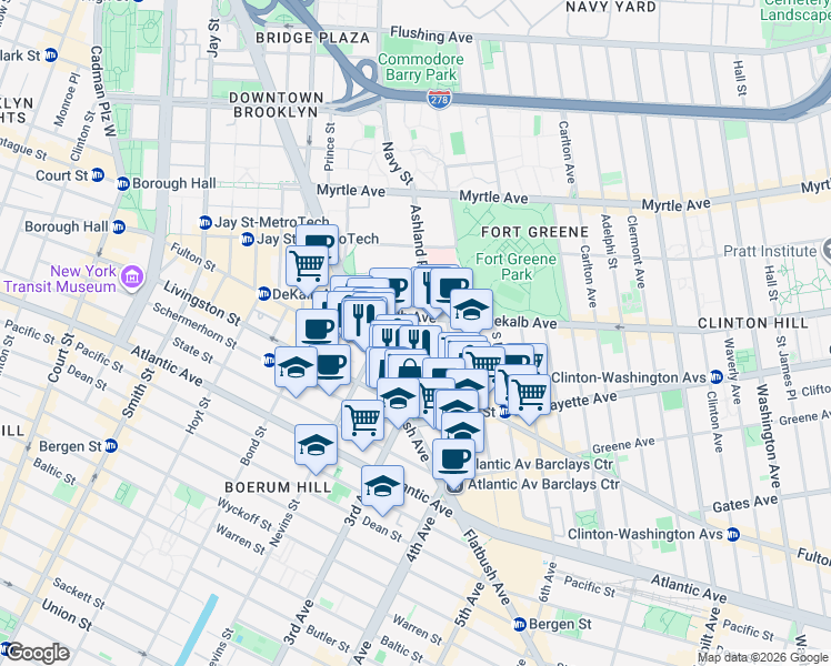 map of restaurants, bars, coffee shops, grocery stores, and more near 19 Rockwell Place in Brooklyn