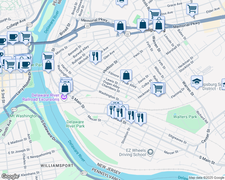 map of restaurants, bars, coffee shops, grocery stores, and more near 281 Washington Street in Phillipsburg