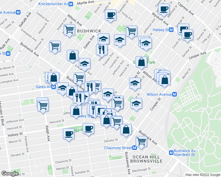 map of restaurants, bars, coffee shops, grocery stores, and more near Hancock St & Evergreen Ave in Brooklyn